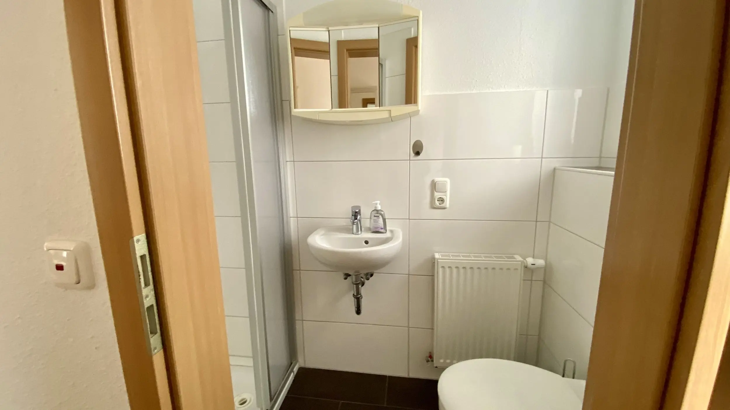Small bathroom with a wall-mounted sink, mirrored cabinet, and a shower stall against tiled walls, plus a radiator visible to the right.