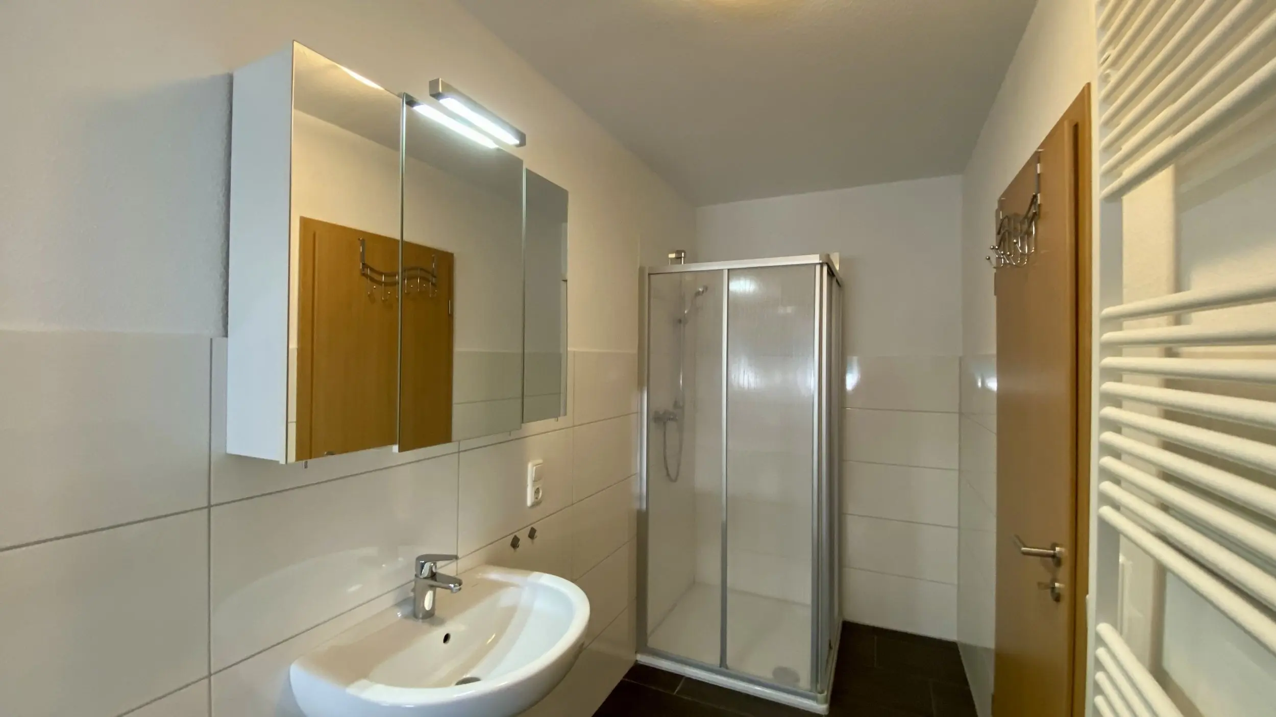 White-tiled bathroom with a curved sink, mirrored cabinet, and glass-front shower stall opposite a wooden door and a wall-mounted towel radiator.