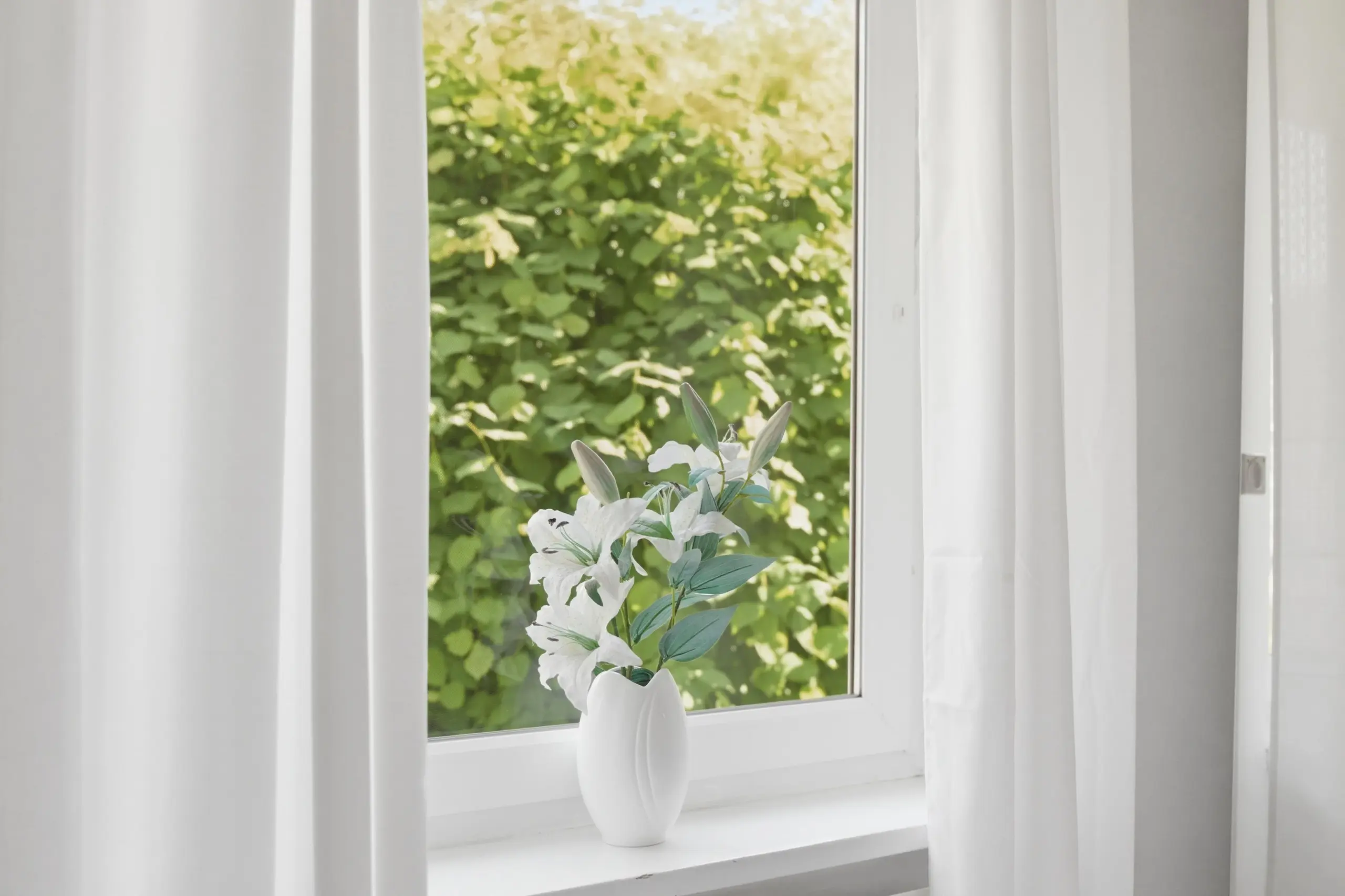 White vase with white flowers on a windowsill, framed by sheer white curtains and a green garden outside.