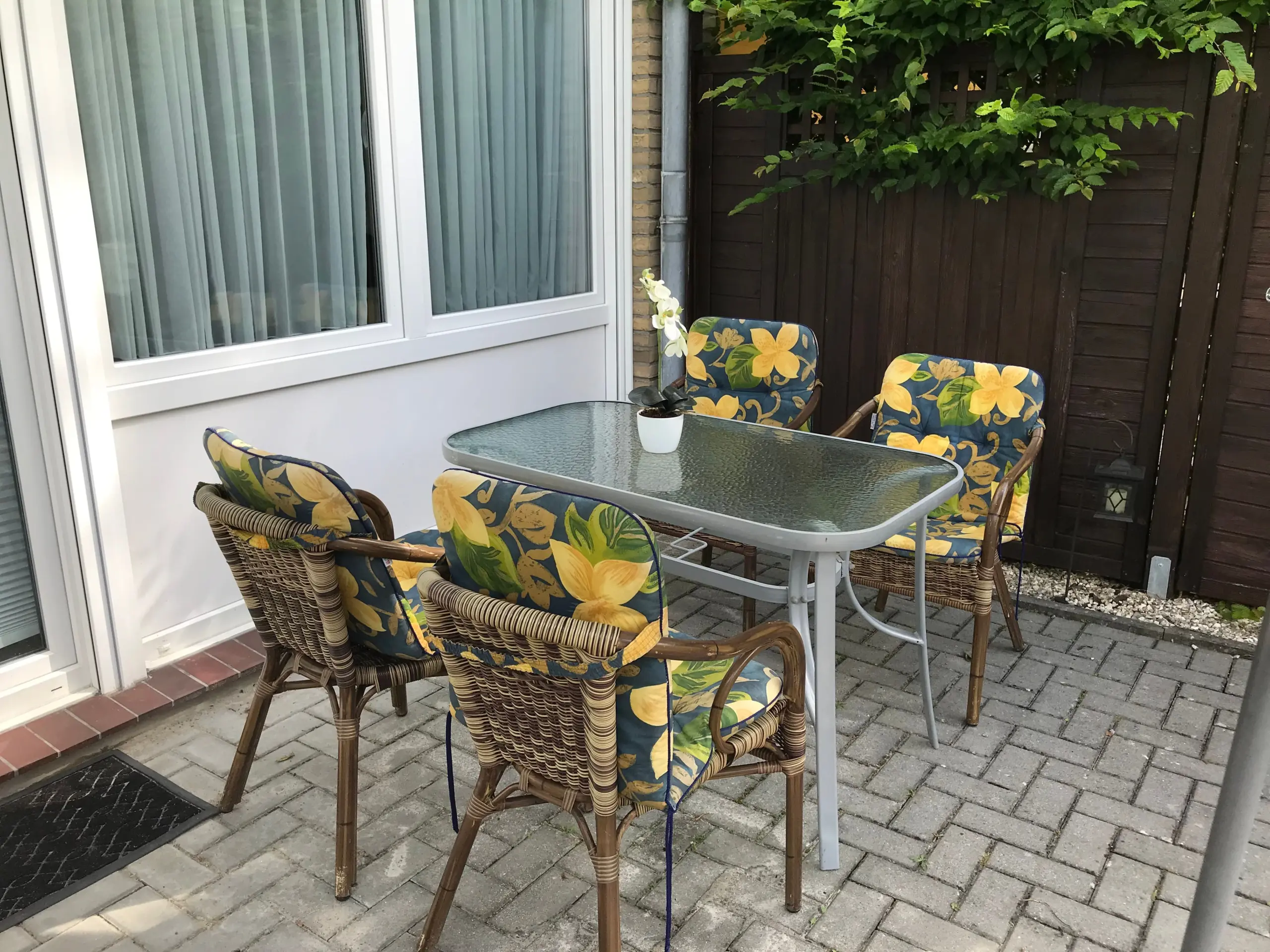 Outdoor patio with glass table and floral-patterned wicker chairs along a glass door and wooden fence, greenery overhead.