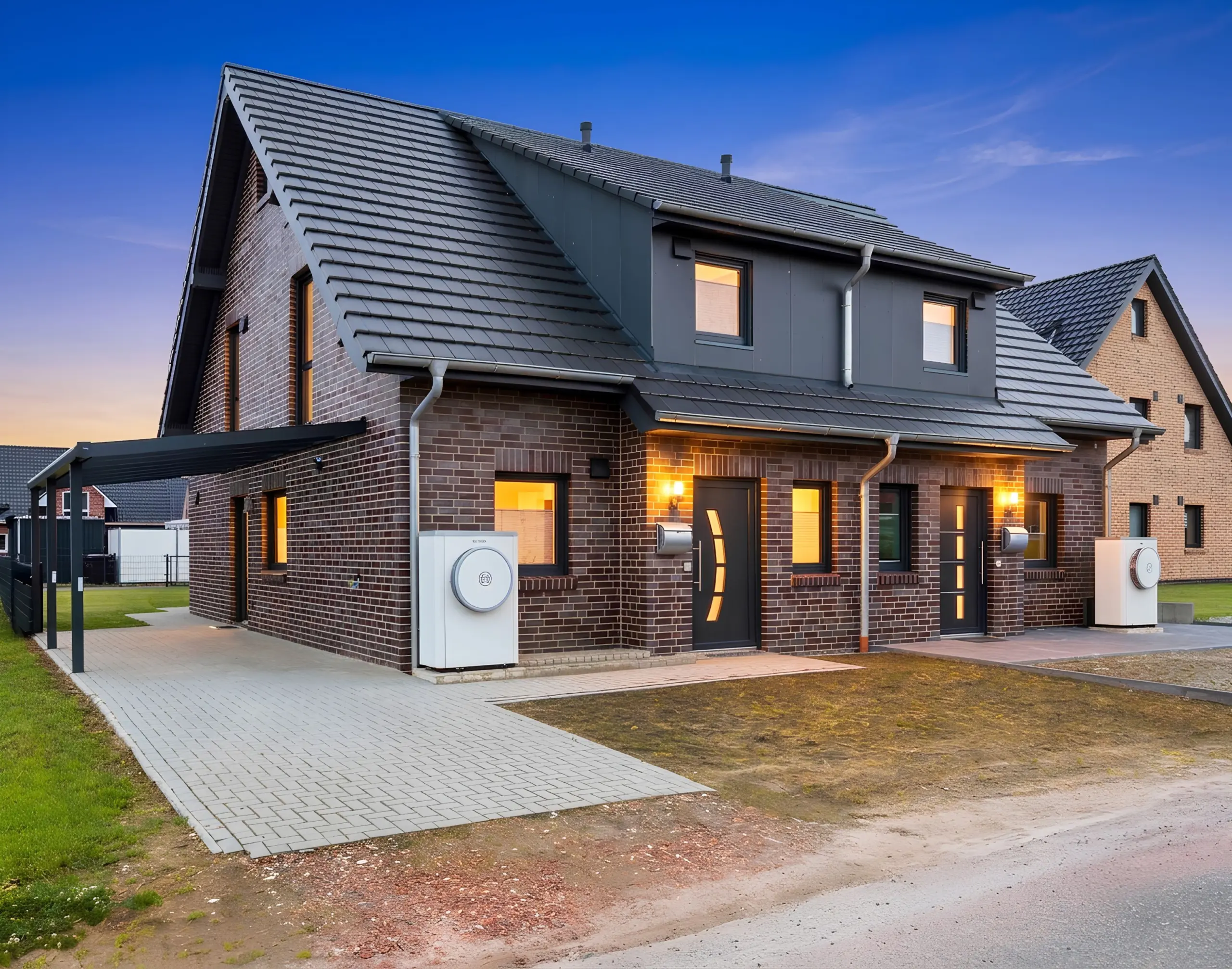 Modern brick townhouse with dark grey sloped roof tiles and illuminated windows at dusk