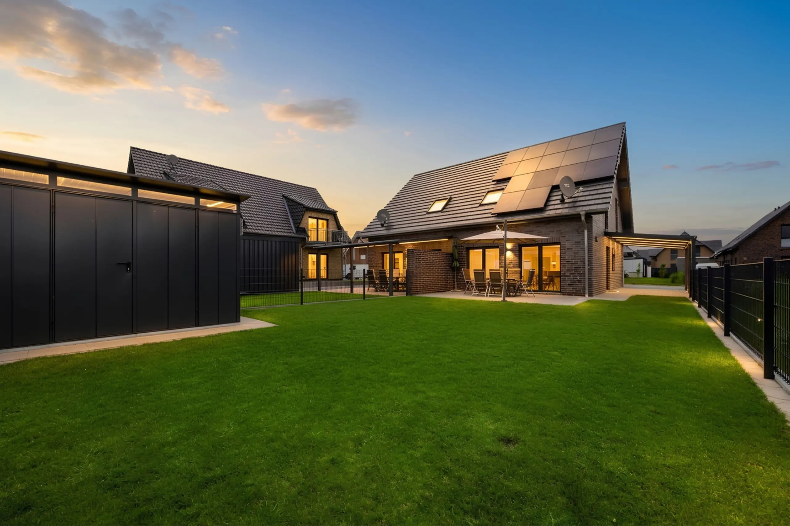 Modern house with solar panels on the roof, glass doors, outdoor dining area and a green lawn at sunset.",