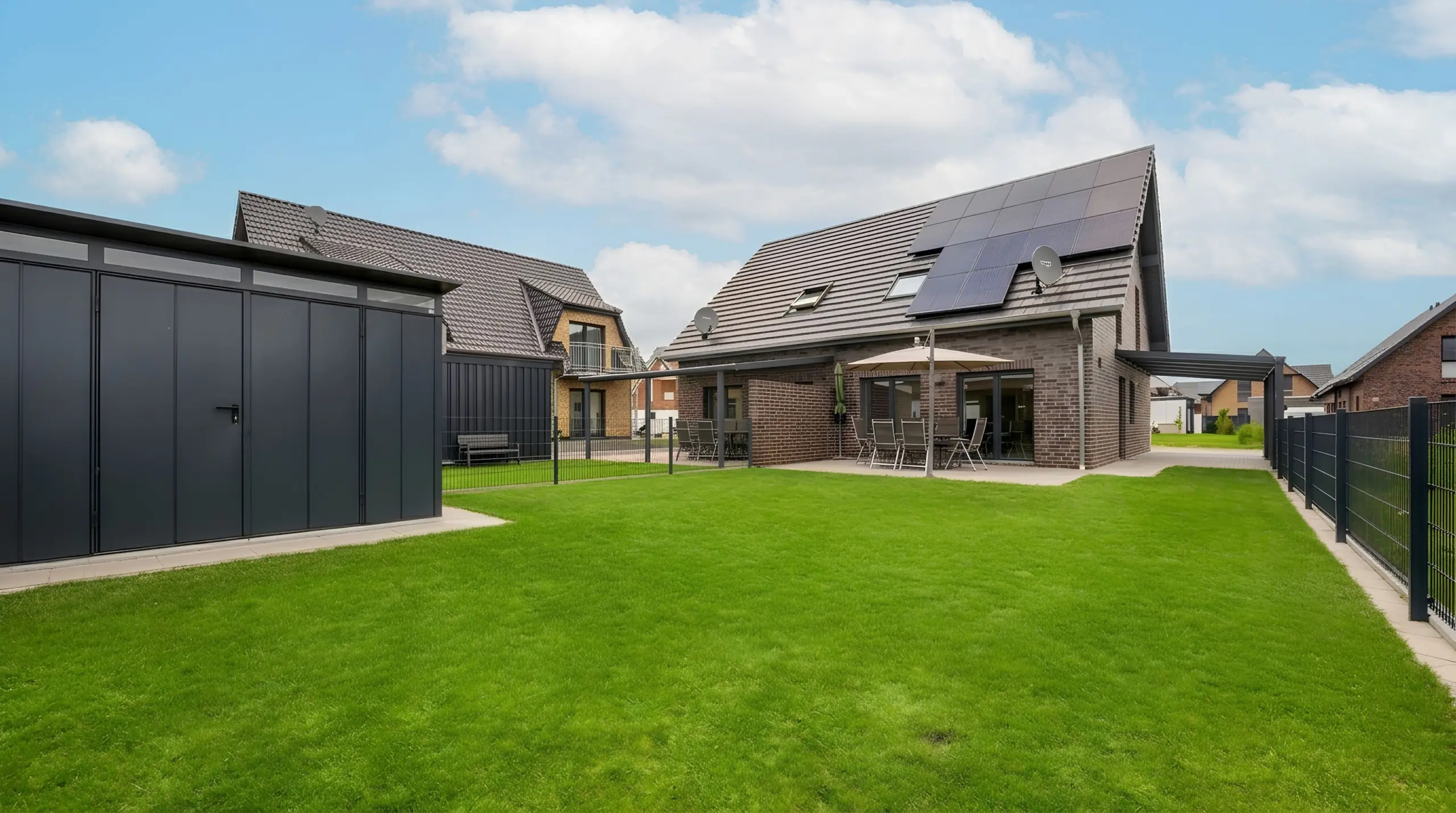 Modern suburban backyard with brick house, solar panels, and outdoor dining area on a patio.