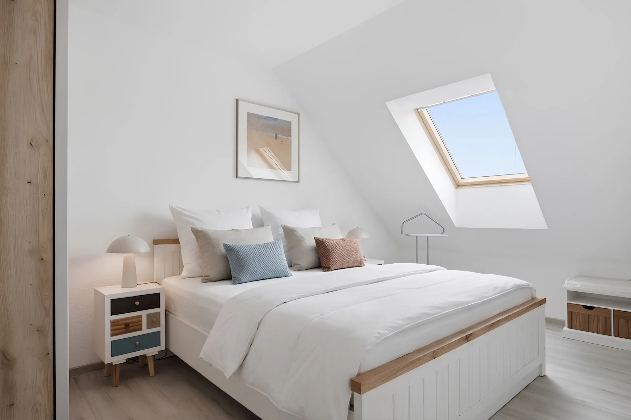 Bright minimalist bedroom with white bed, pale blue and rust cushions, wooden nightstand and skylight above. The room is airy with white walls and light wood accents.