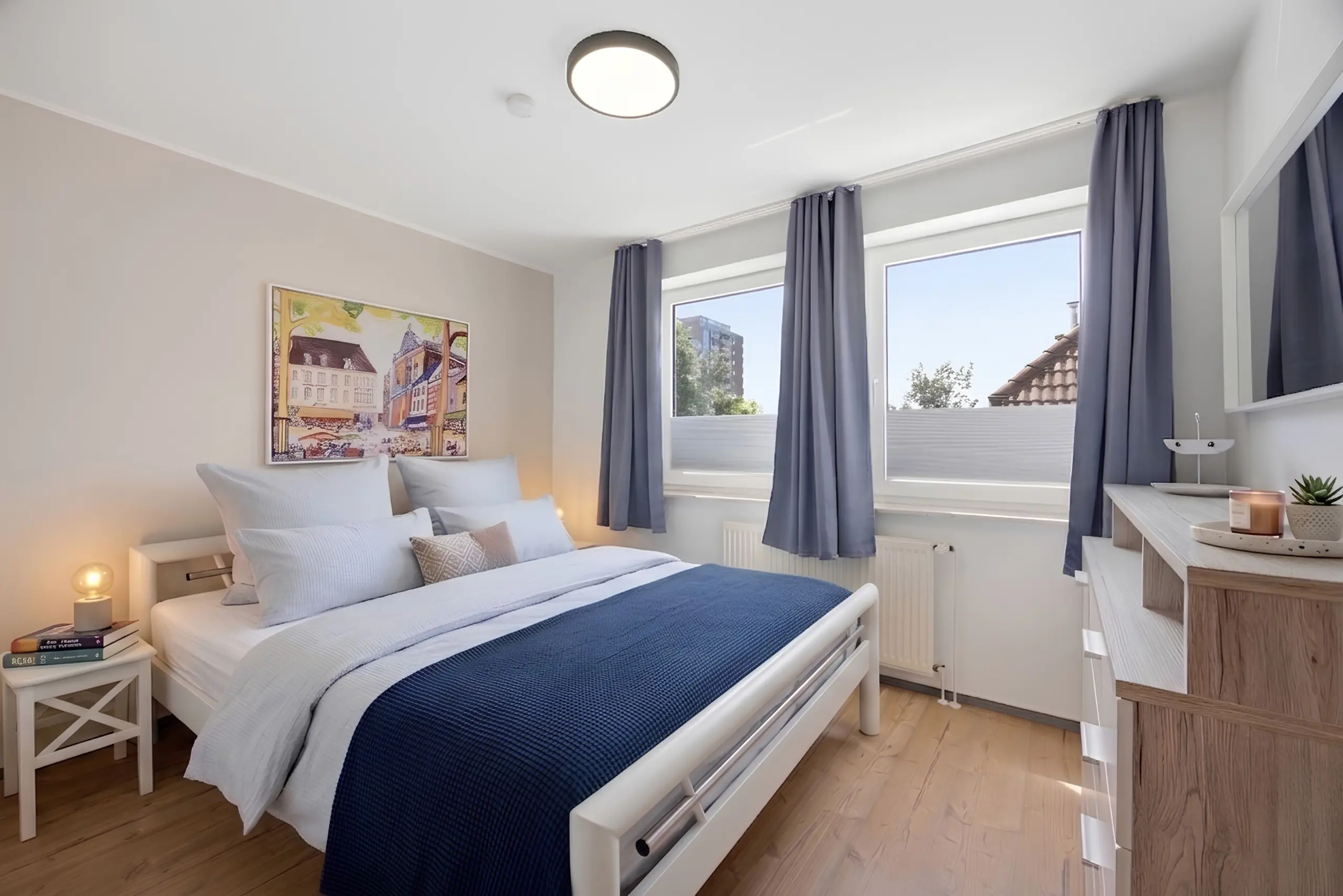 Bright, modern bedroom with white bed, navy-blue quilt, and large windows with blue curtains