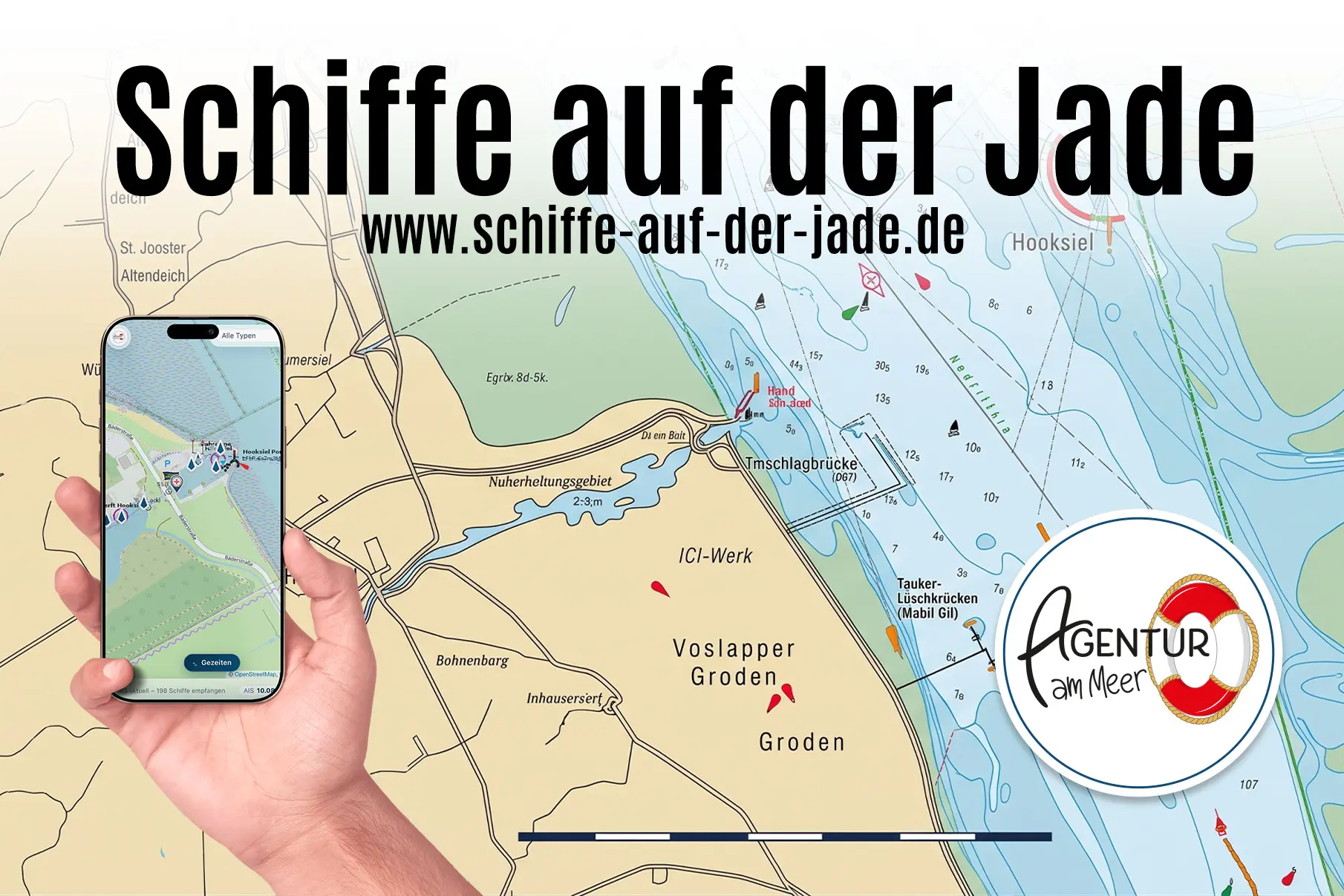 Schiffe auf der Jade - Agentur am Meer - Agentur am Meer Banner map of Jade area with a phone showing the map and the title 'Schiffe auf der Jade'. (~97 chars)